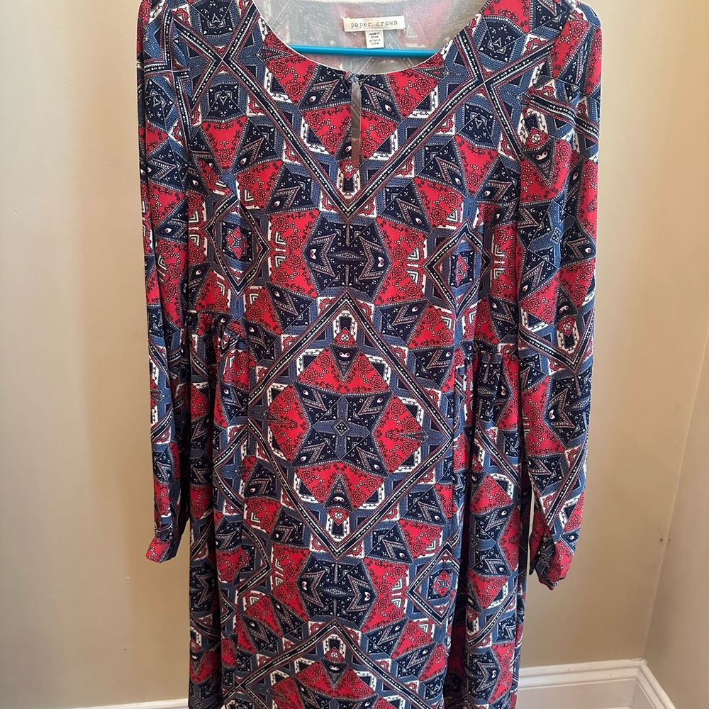 Paper Crown Red and Blue Geometric Long Sleeve Dress